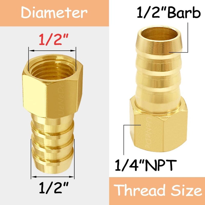 Uenede 6PCS Brass Hose Barb Fittings 1/4" NPT Female to 1/2" Barb Adapter Connector Include 6 Stainless Steel Clamps for Water/Oil/Gas - Image 2